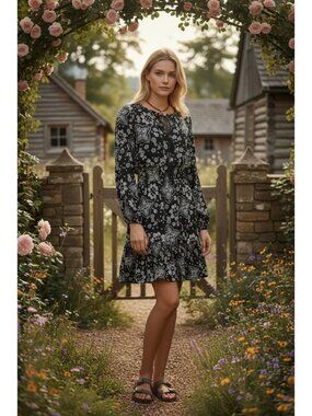 Marsel Soft Black White Long-Sleeve Floral Boho Ruffled Dress Size 6 100% Rayon